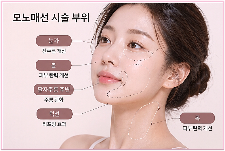 모노매선 시술 부위 안내 이미지, 눈가·볼·팔자주름 주변·턱선·목